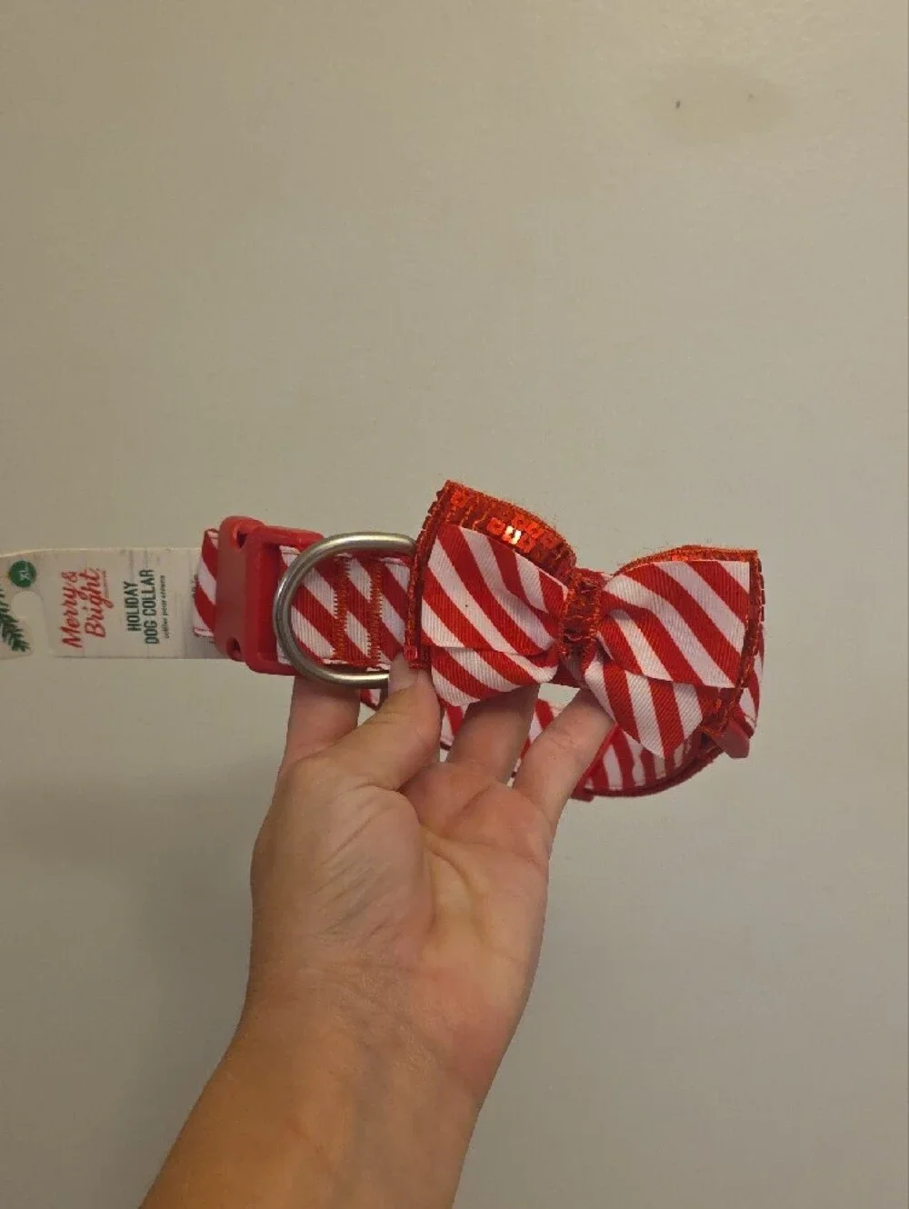 Merry & Bright Red Stripe Holiday Dog Collar with Bow Accent